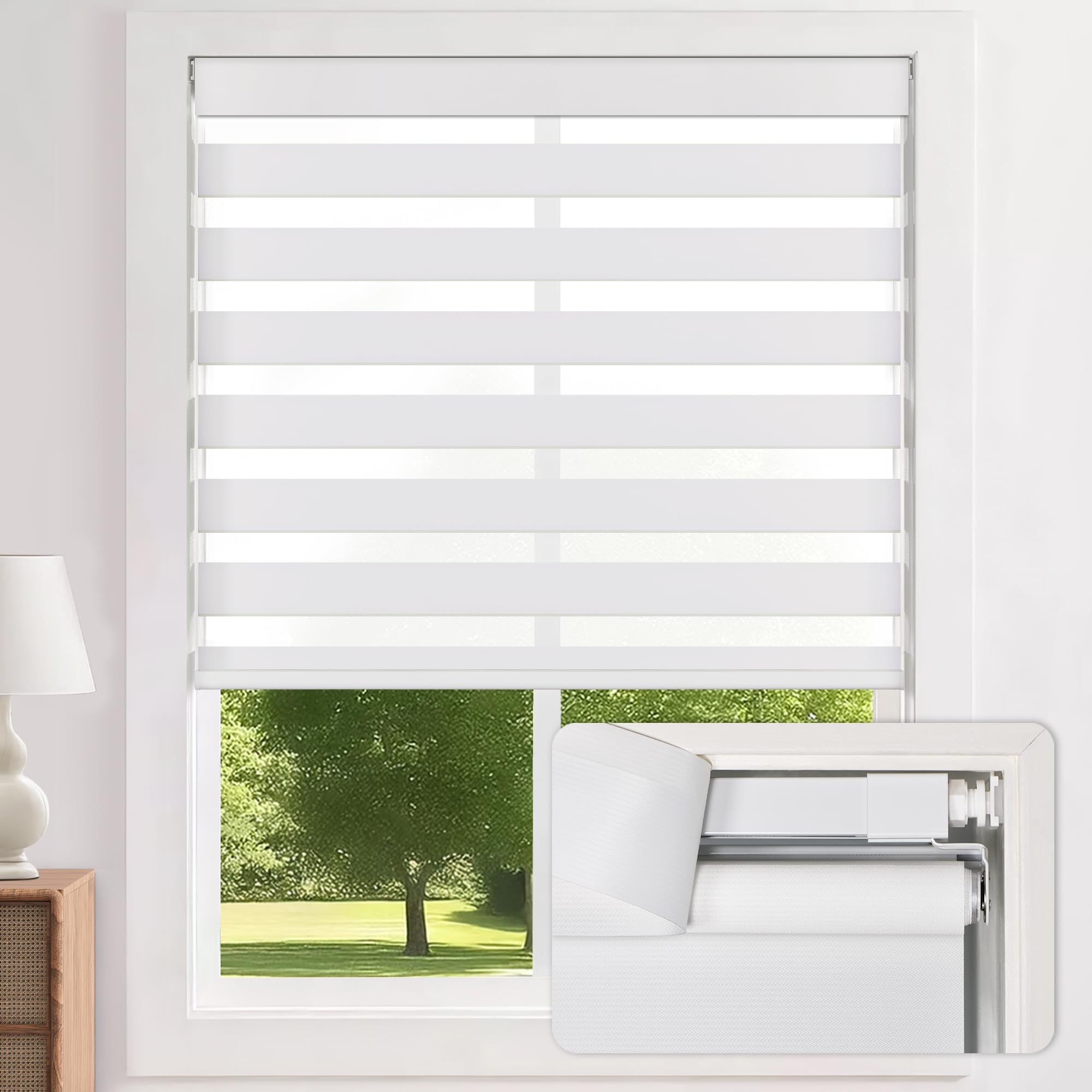 Photo 1 of LazBlinds Cordless Zebra Blinds for Windows - Dual Layer Light Filtering & Blackout Roller Shades, Free-Stop Lift System, No Drill Easy Install, Day & Night Privacy with Valance, 24.5"W X 72"H, White