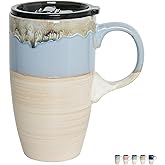 Bosmarlin Ceramic Travel Coffee Mug with Handle and Lid, 18 oz, Portable Coffee Cup for Car Cup Holder, Microwave and Dishwasher Safe, Reactive Glaze (Light Blue)