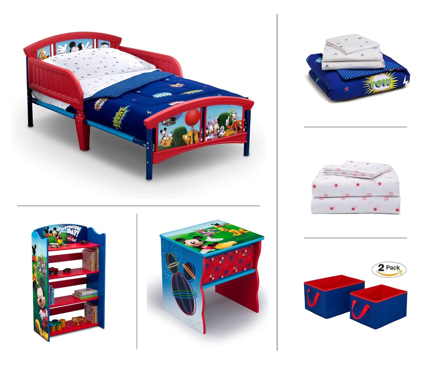 Disney Mickey Mouse Toddler Room Set, 6-Piece (Toddler Bed | Bookcase | Side Table | Bedding Set | Storage Bins | Bonus Sheet Set)