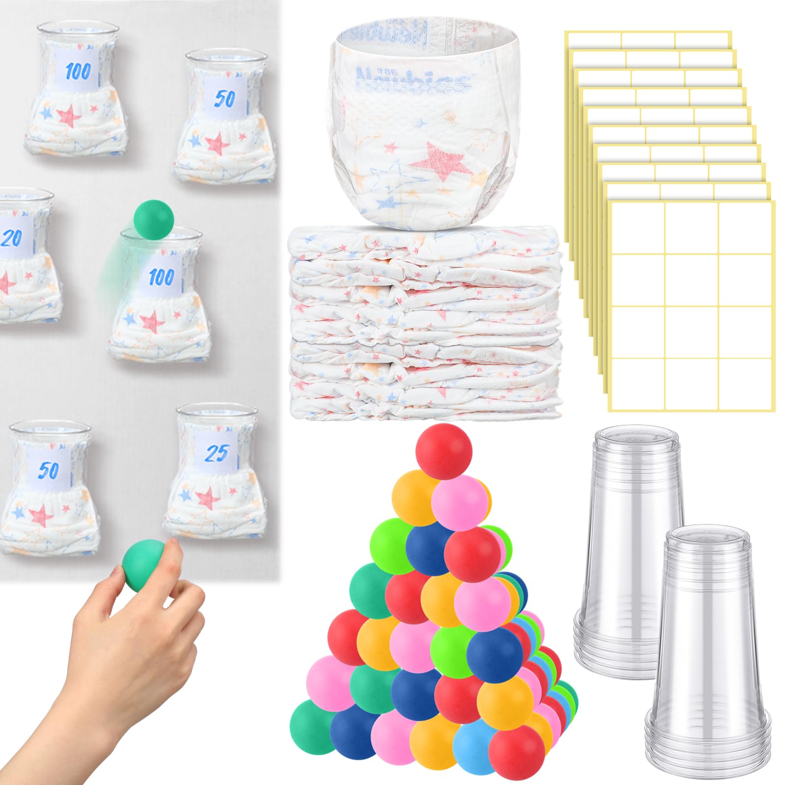 Photo 1 of VioraWhite 60 Pcs Funny Baby Shower Diaper Games Activities Kits Without Board Hilarious Gender Reveal Diaper Games Prizes Accessories for Boys Girls Women Men(Rainbow)