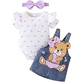 TOKIAGO Baby Girl Clothes Outfits Summer Cute Little Bear Romper + Shorts + Butterfly Tie Hair Band Set 0-18 Months