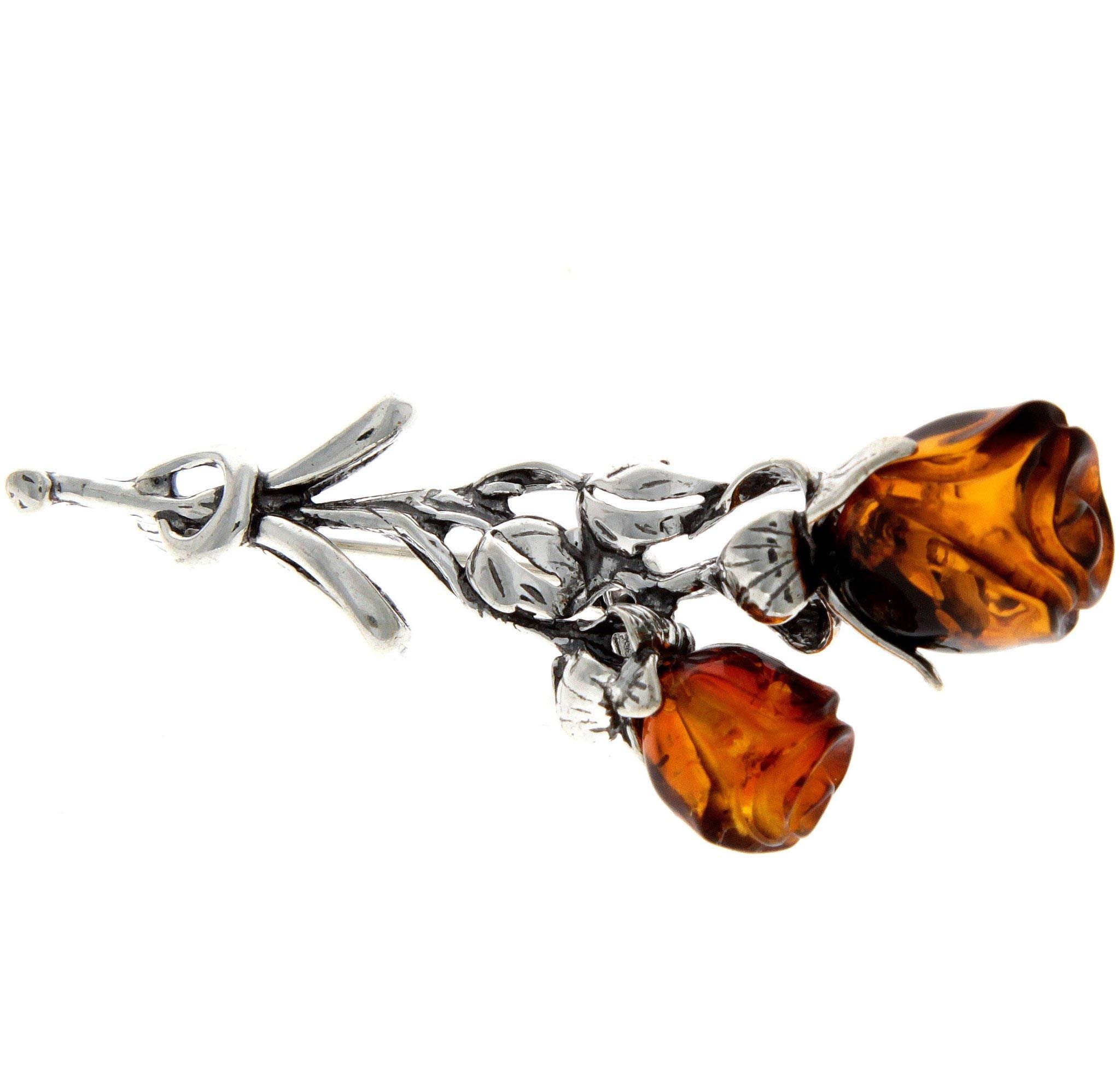 Genuine Cognac Baltic Amber & Sterling Silver Exclusive Double Rose Brooch - BR2
