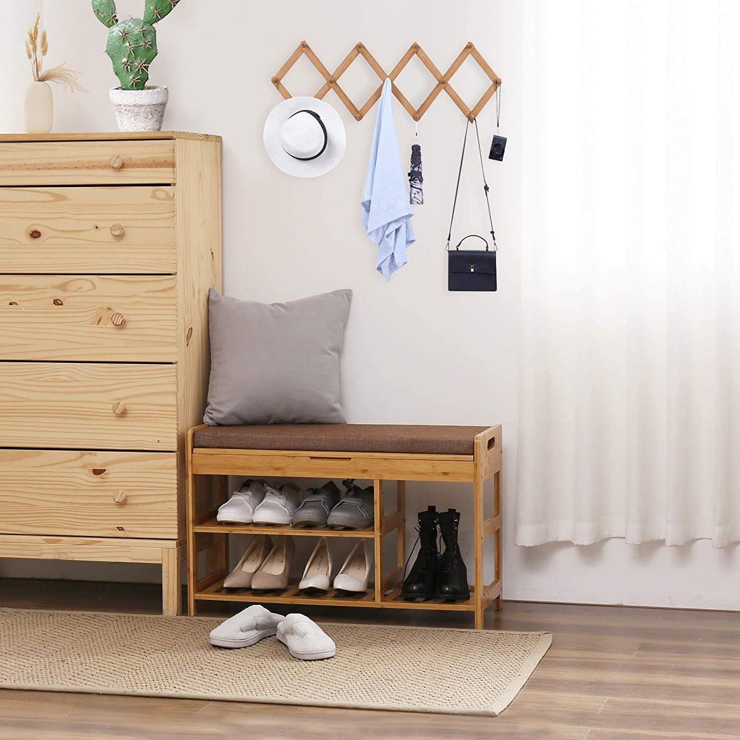 C&AHOME Shoe Rack Bench, Entryway 3-Tier Shoe Organizer, Max Load 270 LBS, Bamboo Storage Shelf with Cushion for Boots, Modern Stool for Bedroom Living Room, 31.5" L x 11.6" W x 19.3" H Natural: Kitchen & Dining