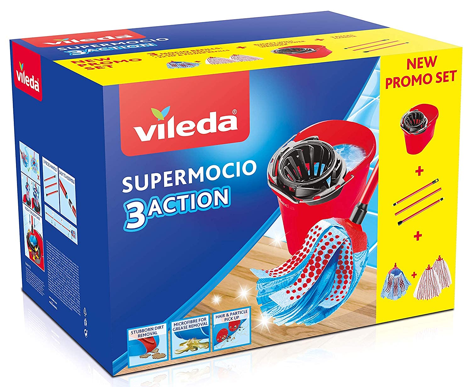 Vileda SuperMocio Box, Floor Mop System, Set With Wringer, 2 Microfibre & Power Flakes, 1 3Action Bow, 3 Piece Handle, Red