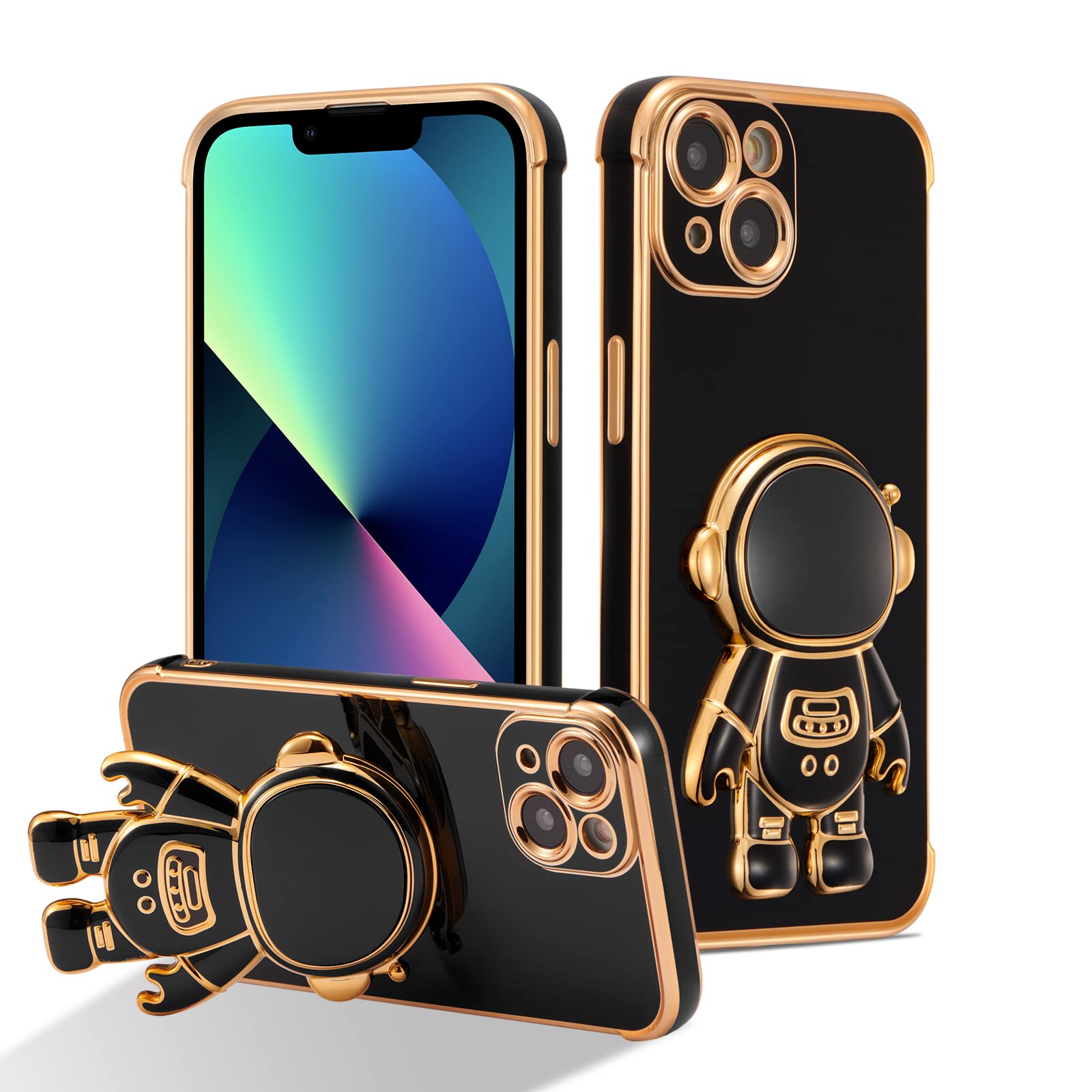 RALEAVO Compatible with iPhone 13 (6.1") Case with Cute Astronaut Kickstand Design Shockproof Plating Phone Case for iPhone 13-Black — image 1