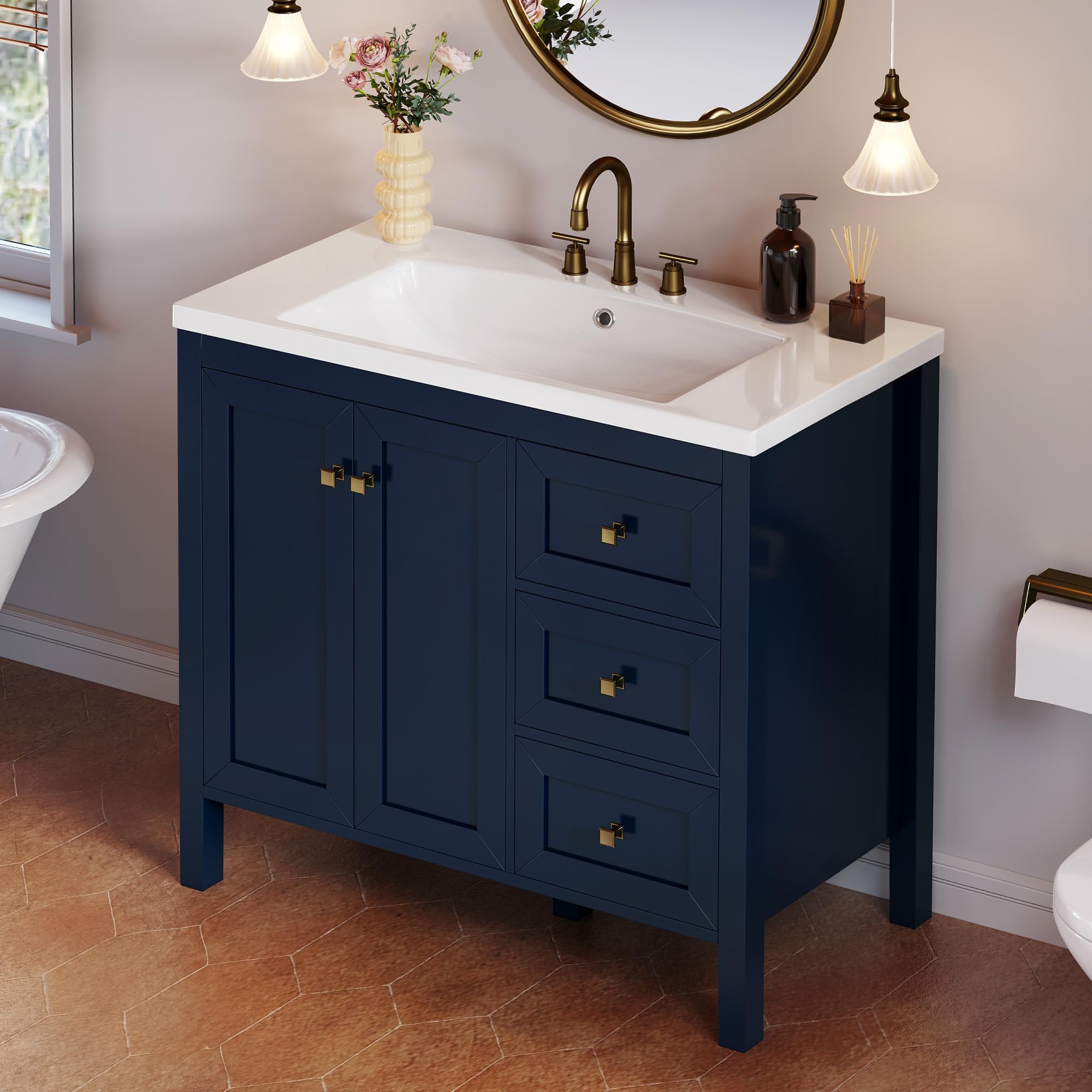 Photo 1 of ***PARTIAL SET***BOX 1 OF 2***
DWVO 36 Inch Bathroom Vanity with Sink Combo, Modern Bathroom Storage Cabinet with Resin Basin, Three Holes, 2 Doors & 3 Drawers, Navy Blue