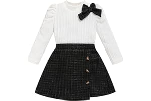 TITKKOP Toddler Girl Plaid Outfits Fall Winter Dress Knit Ribbed Bow Sweatshirt Tops and Button Fashion Skirts Set