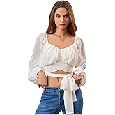 Floerns Women's Lantern Long Sleeve Scoop Neck Ruched Bust Knot Front Crop Blouse