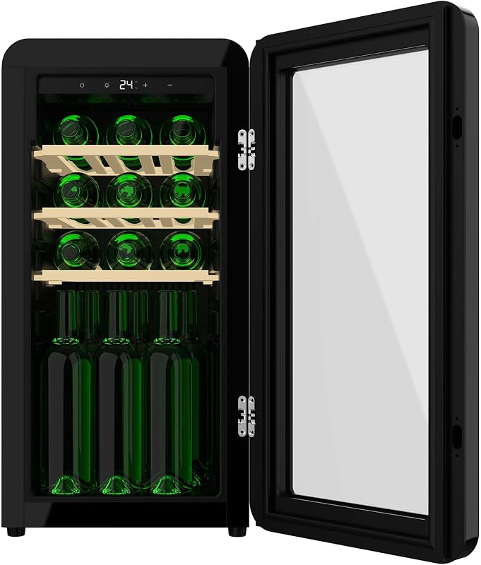 Cave a Vin 18 Bouteilles Bolero GrandSommelier Origin 18 Hit Black. Cave à vin rétro, noir, 18 bouteilles, NoFrost, 5-20 ºC, LED, compresseur, clayettes en bois