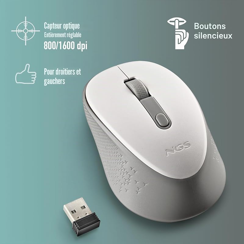 Dew White - Souris sans Fil silencieuse, Optique, Ergonomique, DPI 800/1600 réglable, Nano récepteur, ambidextre, Plug and Play, Couleur Blanche