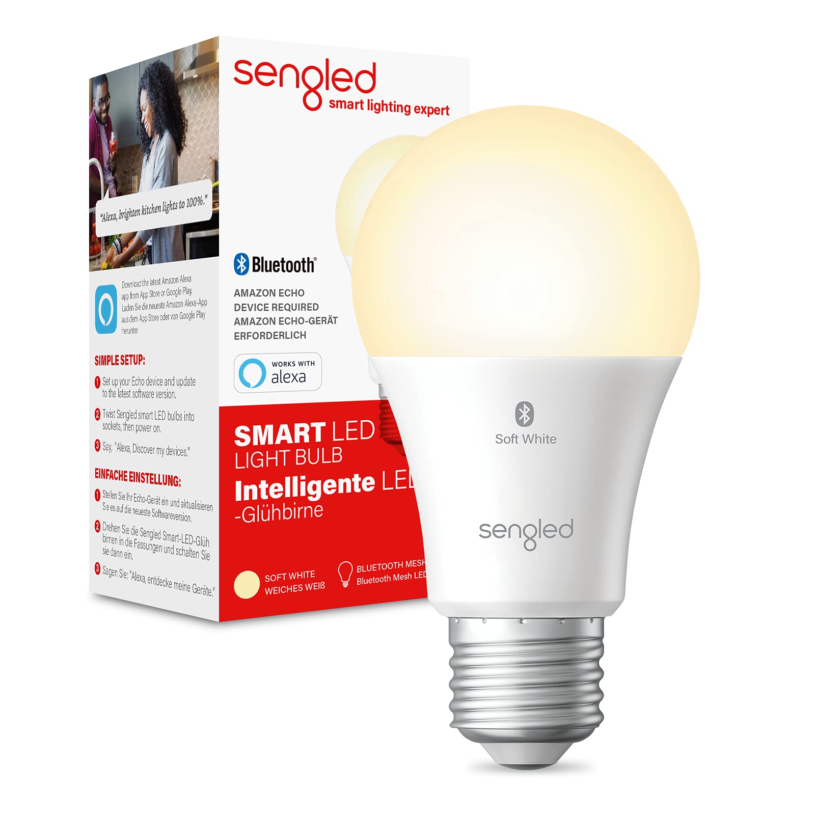 Sengled Smart Bulb, Alexa Light Bulb, Bluetooth Dimmable LED Bulb E27, Works with Amazon Alexa (Echo and Echo Dot), Remote Control Voice Control, Energy Saving 8.8W 806LM, Soft White, 1 Pack, B11-U21W