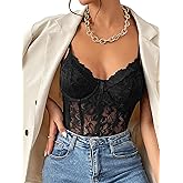 COZYEASE Women's Lace Bustier Cami Bodysuit Plain Sleeveless Slim Fit Sheer Mesh Corset Top Romper