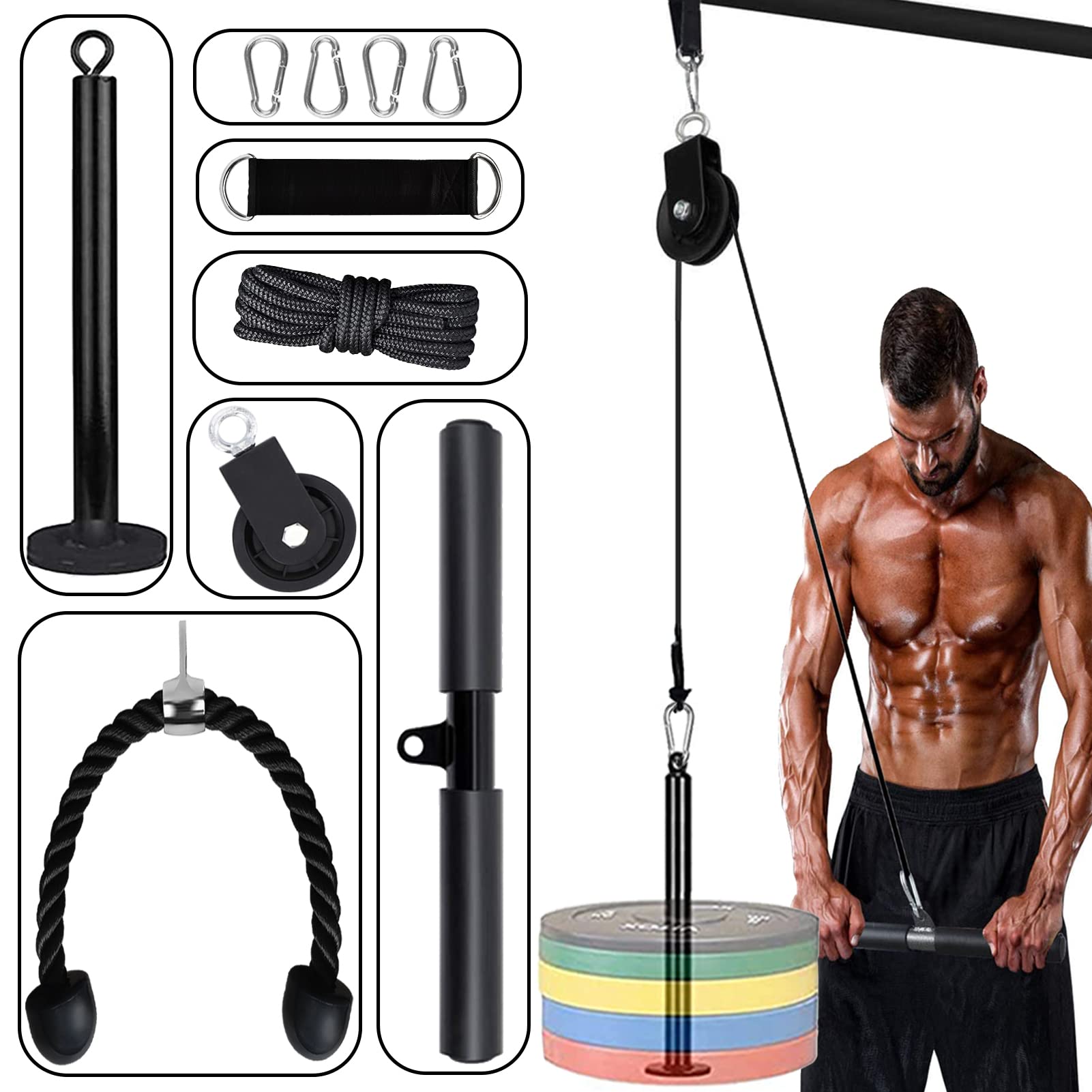 Favuit Cable Pulley System Home Gym, LAT Pull Down Weight Cable Pulley System DIY Home Gym Fitness Cable Machine Attachment for Gym LAT Pull Down Biceps Curl Tricep Arm Workouts