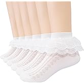 Looching 6 Pack Toddler Baby Girls Ruffle Socks White Lace Trim Eyelet Frilly Cute Cotton Dress Ankle Socks for Kids…