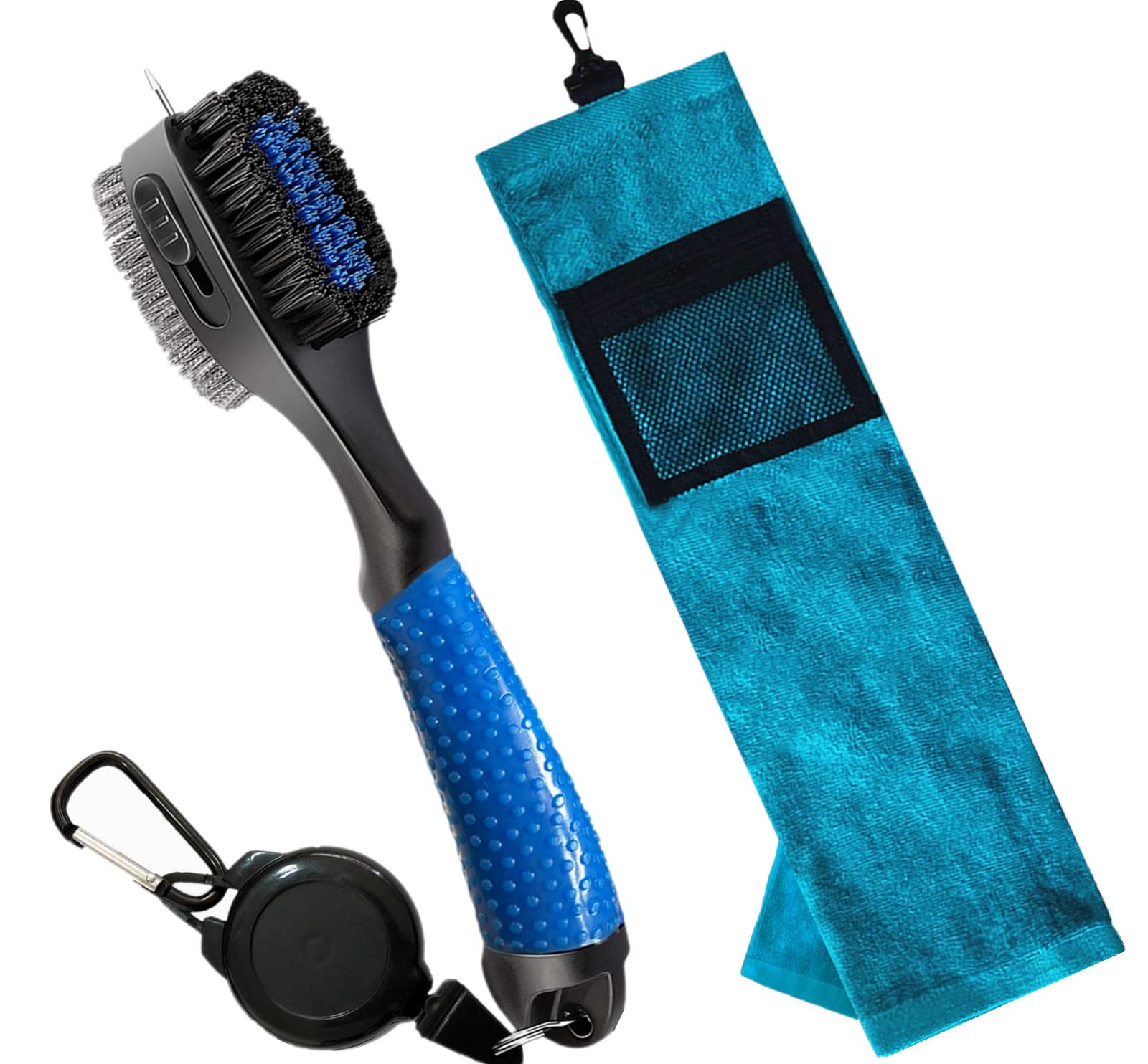 FINGER TEN Golf Towels for Golf Bags with Clip and Brush Waffle 25"X16" Value Set, Tri-fold Towel Hook Loop with a Net Bag (Green Towel + Brush)