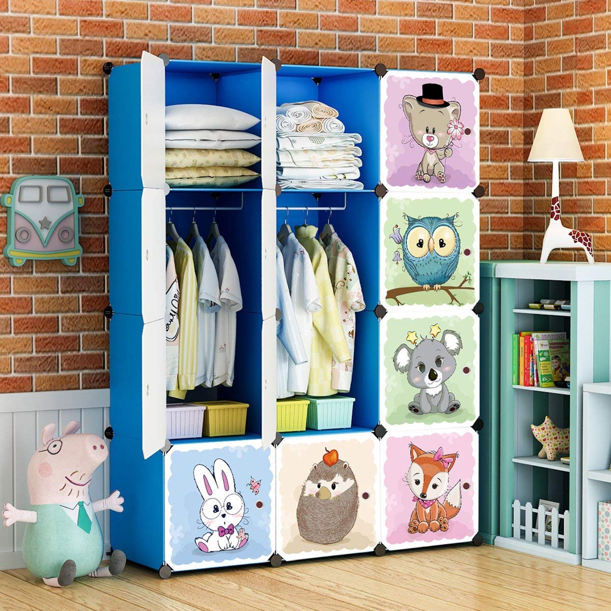 BRIAN & DANY Cartoon Clothes Closet Wardrobe DIY Modular Storage Organizer, Sturdy and Safe for Children, 8 Cubes & 2 Hanging Sections, Blue, 110 x 47 x 147 cm