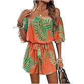 Milumia Women's Off The Shoulder Romper Boho Elastic Waist Shorts Jumpsuit Dressy Casual Vacation Outfits