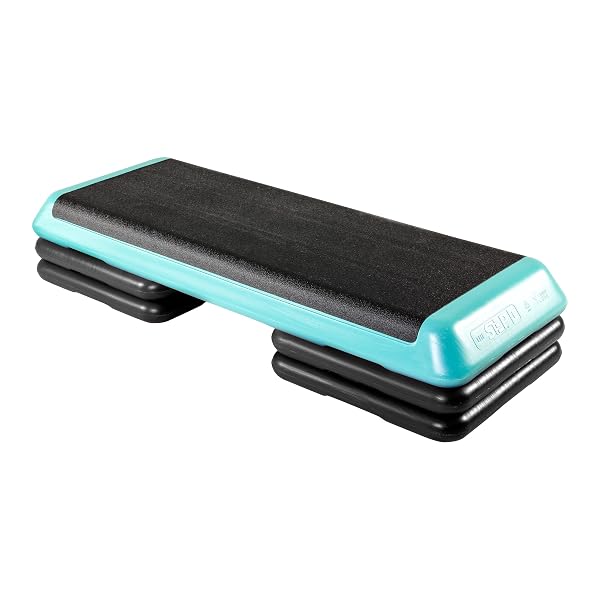 THE STEP (MADE IN USA) ORIGINAL AEROBIC PLATFORM – HEALTH CLUB SIZE – WITH FOUR ORIGINAL RISERS (TEAL PLATFORM WITH BLACK RISERS), ONE SIZE