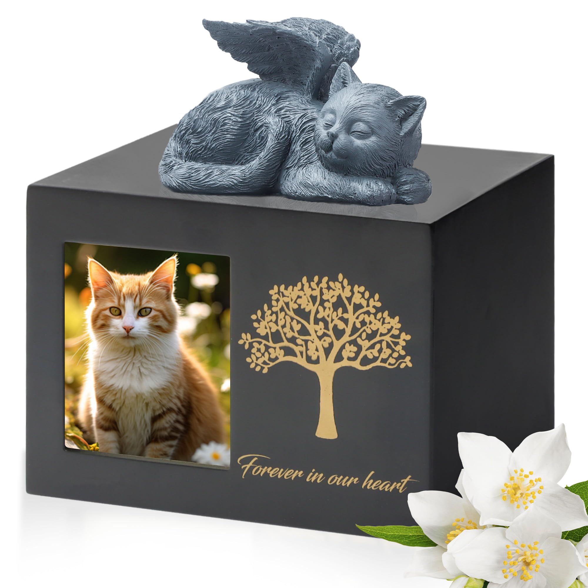 DiDiBirDi Animal Urns for Cat, Pet Cremation Box, Cat Urn for Ashes, Black Cat Urns Made of Wood for Ashes, Comes with a Resin Cat Statue and a Velvet Bag for Storage