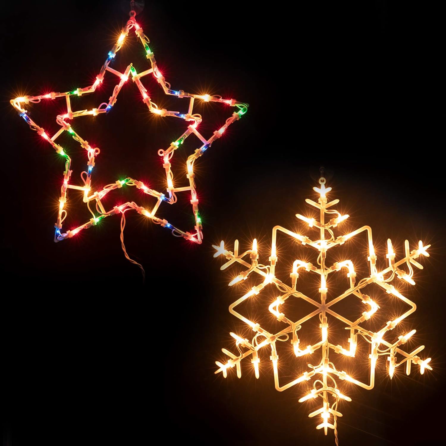 16” Christmas Window Silhouette Lights Decorations Pack of 2 Lighted Snowflake and Star Christmas Window Lights with 100 Bulbs for Holiday Indoor Wall Door Glass Decorations (Clear+Multicolor)