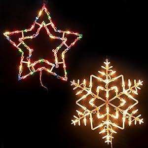 16” Christmas Window Silhouette Lights Decorations Pack of 2 Lighted Snowflake and Star Christmas Window Lights with 100 Bulbs for Holiday Indoor Wall Door Glass Decorations (Clear+Multicolor)