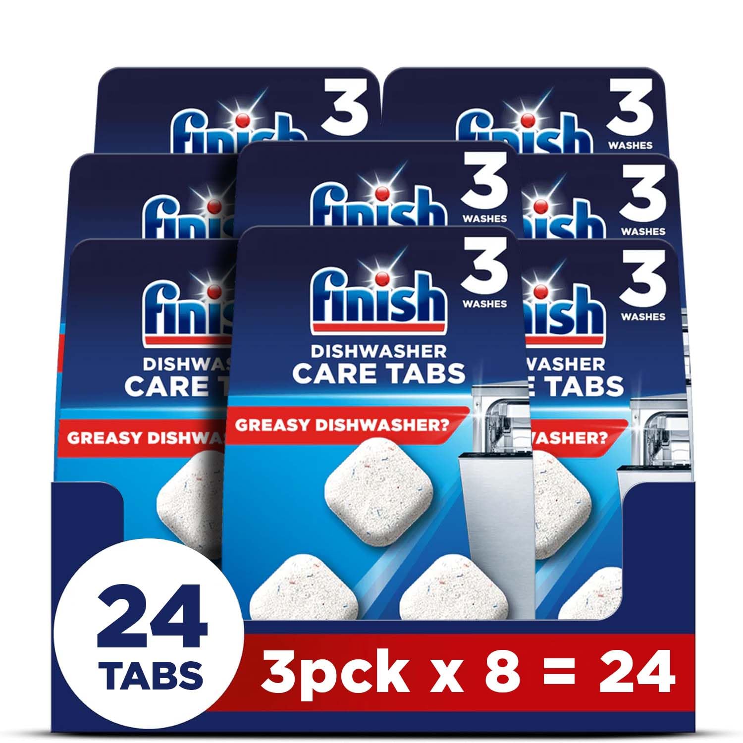 Finish, Dishwasher Cleaner, in-Wash Tablets, 24 Tabs, Bulk (3 x 8 pck), Cleans Hidden Parts, 100 Percent More Grease Removal Actives Than Detergent Alone