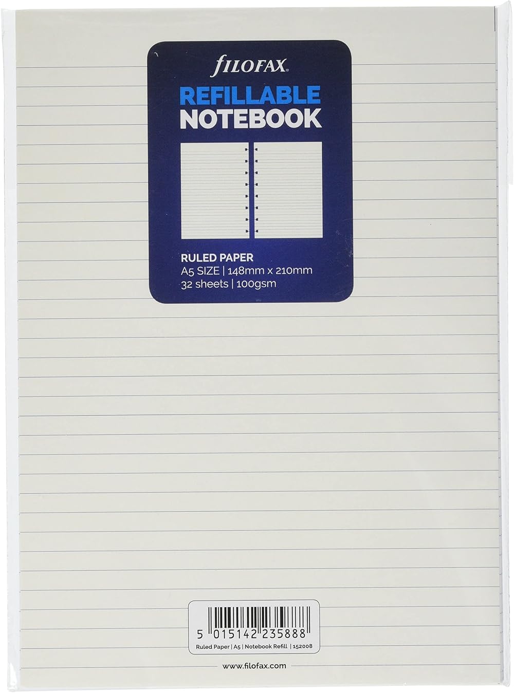 Filofax A5 Ruled Notes Refillable Notebook White 32 Sheets 100gsm 6mm