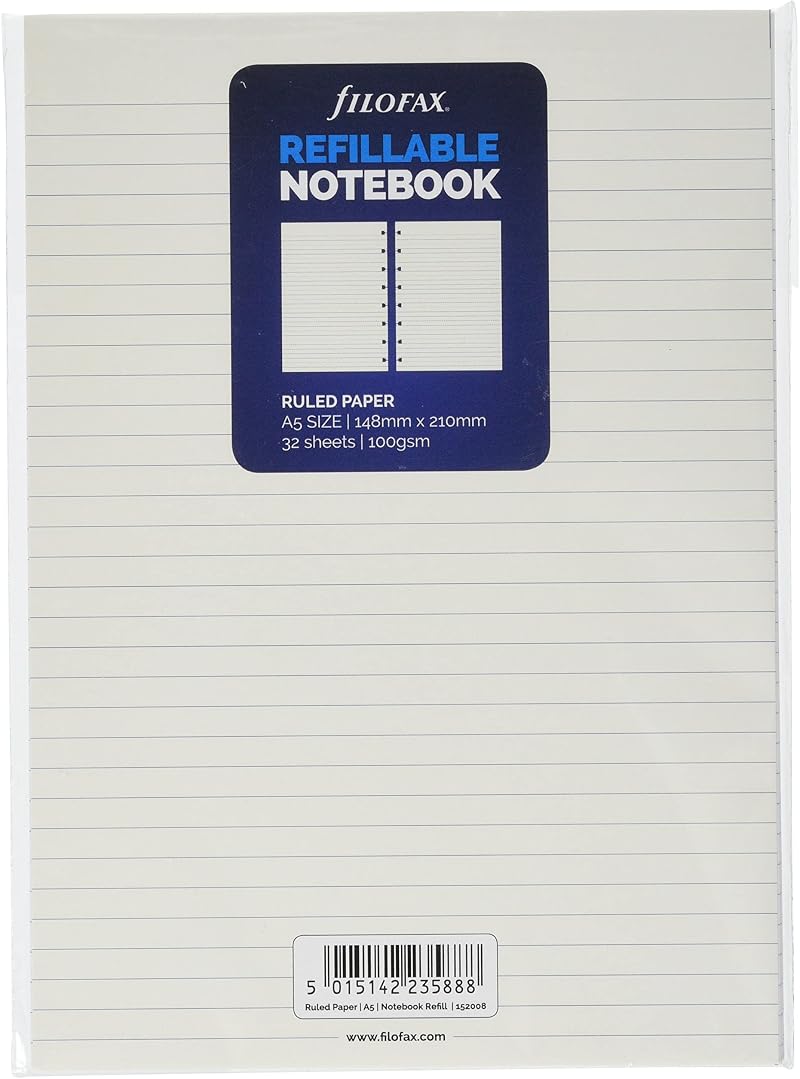 Filofax A5 Ruled Notes Refillable Notebook White 32 Sheets 100gsm 6mm