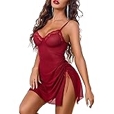 Avidlove Side Split V Neck Sheer Mesh Lace Wireless Babydoll Lingerie Dress with Thong 2 Piece
