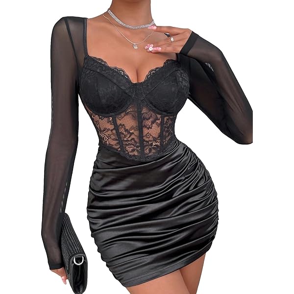 Amazon.com: Floerns Women's Sweetheart Neck Mesh Corset Dress Long Sleeve  Club Bodycon Mini Dress Black X-Small : Clothing, Shoes & Jewelry
