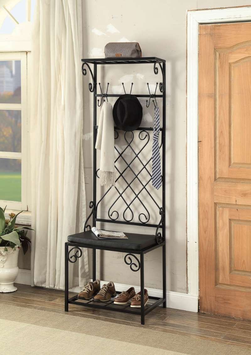 entryway shoe bench on Home Black Metal And Bonded Leather Scroll Design Entryway Shoe Bench With Coat Rack Hall Tree Storage Organizer 12 Hooks Ehomeproducts 1017 Home Kitchen