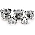Sumeet Stainless Steel Handcrafted Hammered Texture Handi Set with Lid for Kitchen, Set of 5, 460ml, 650ml, 950ml, 1300ml & 1700ml, Silver