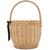 Miuco Womens Wicker Basket Bag Handmade Straw Rattan Bamboo Bag With Lid Handbag