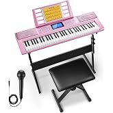 Donner 61 Key Keyboard Piano, Electric Piano Keyboard Kit with 249 Voices, 249 Rhythms - Includes Piano Stand, Stool, Microphone, Gift for Beginners, Pink (DEK-610S)