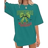 Merry Christmas Oversized Shirts Women Ugly Christmas T Shirts Xmas Bow Graphic Holiday Short Sleeve Tops