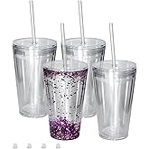 sweet grain Snow Globe Tumblers(4 Pack) - 16oz Double Wall Acrylic Tumblers for Snow Globe Cups with Pre Drilled Hole, Lids, Straws and Hole Stopper, Clear Snowglobe Tumbler