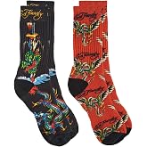 ED HARDY 2-Pairs Men's Tattoo Print Fashion Cushioned Crew Socks