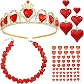 RechicGu 4pcs Red Heart Crown Queen Princess Costume Set Crystal Tiara Headband Headdress Red Full Heart Choker Necklace Earrings and Face Sticker For Women Gifts Fans Cosplay Party