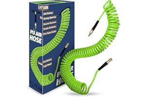 WHISPERING WONDER 1/4 in x 50 ft Air Hose with Bend Restrictor, Air Compressor Hose with 1/4 Solid 100% Pure Copper Quick Connect Fittings and I/M Plug Kit, Coiled PU Air Hose 1/4", Green