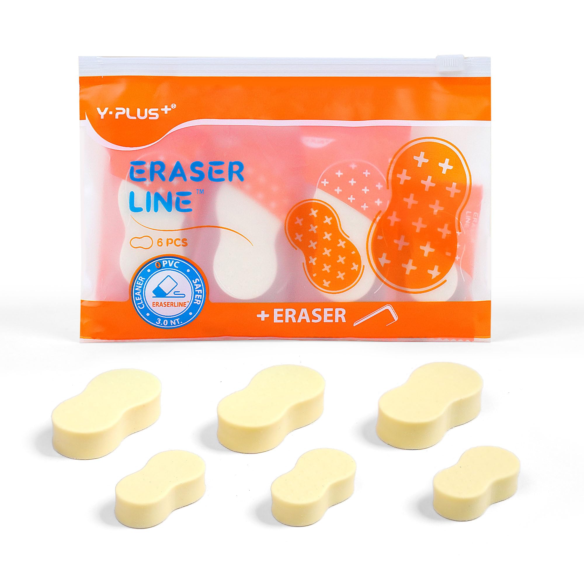 Yplus Eraser Line - Hipolymer Pencil Erasers for School Office, Cute White Rubber Eraser for Kids, Artist No Residues, 6 Pcs