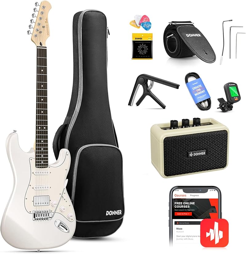 Donner DST-152W White Electric Guitar HSS Coil Split Bundle