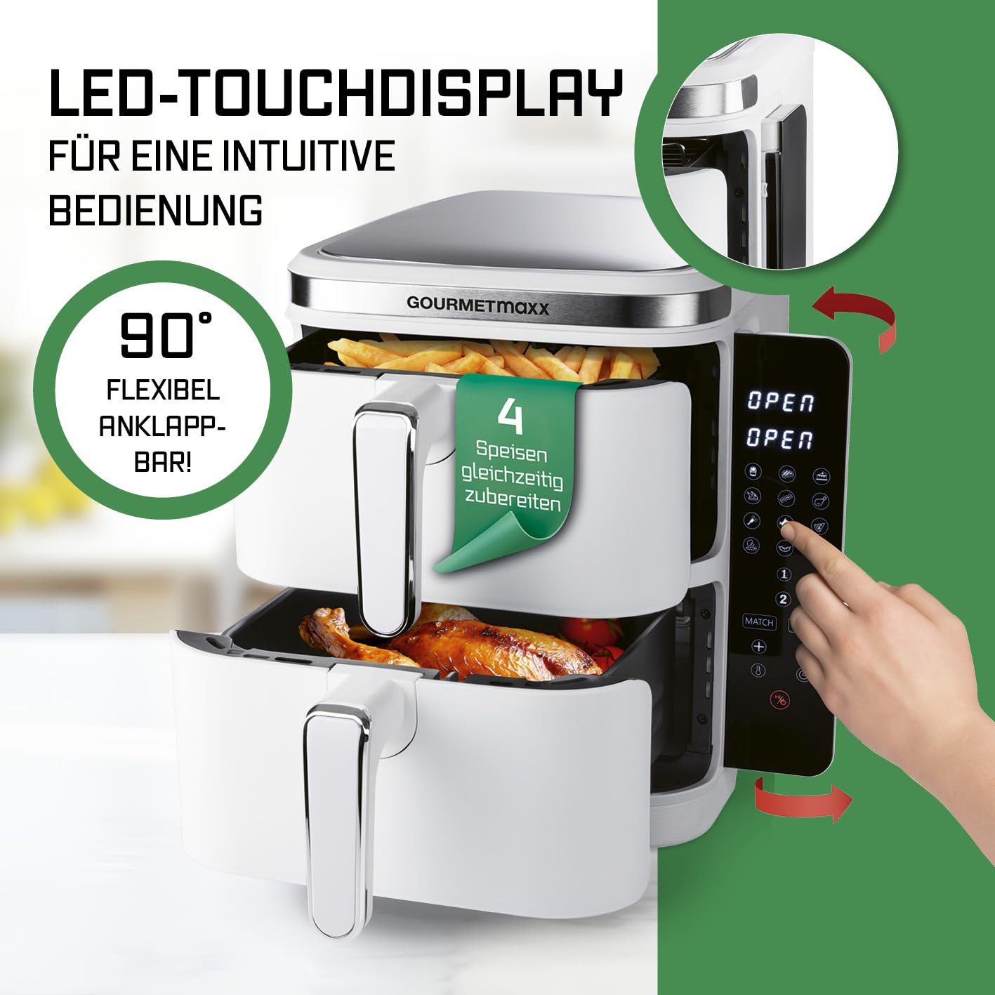 GOURMETmaxx FryUp Vertikale Doppelkammer Heißluftfritteuse | vertikaler Airfryer | klappbares Touchdisplay | 32% platzsparender | Fassungsvermögen 10L | Heißluftfritteuse 2 Kammern 6