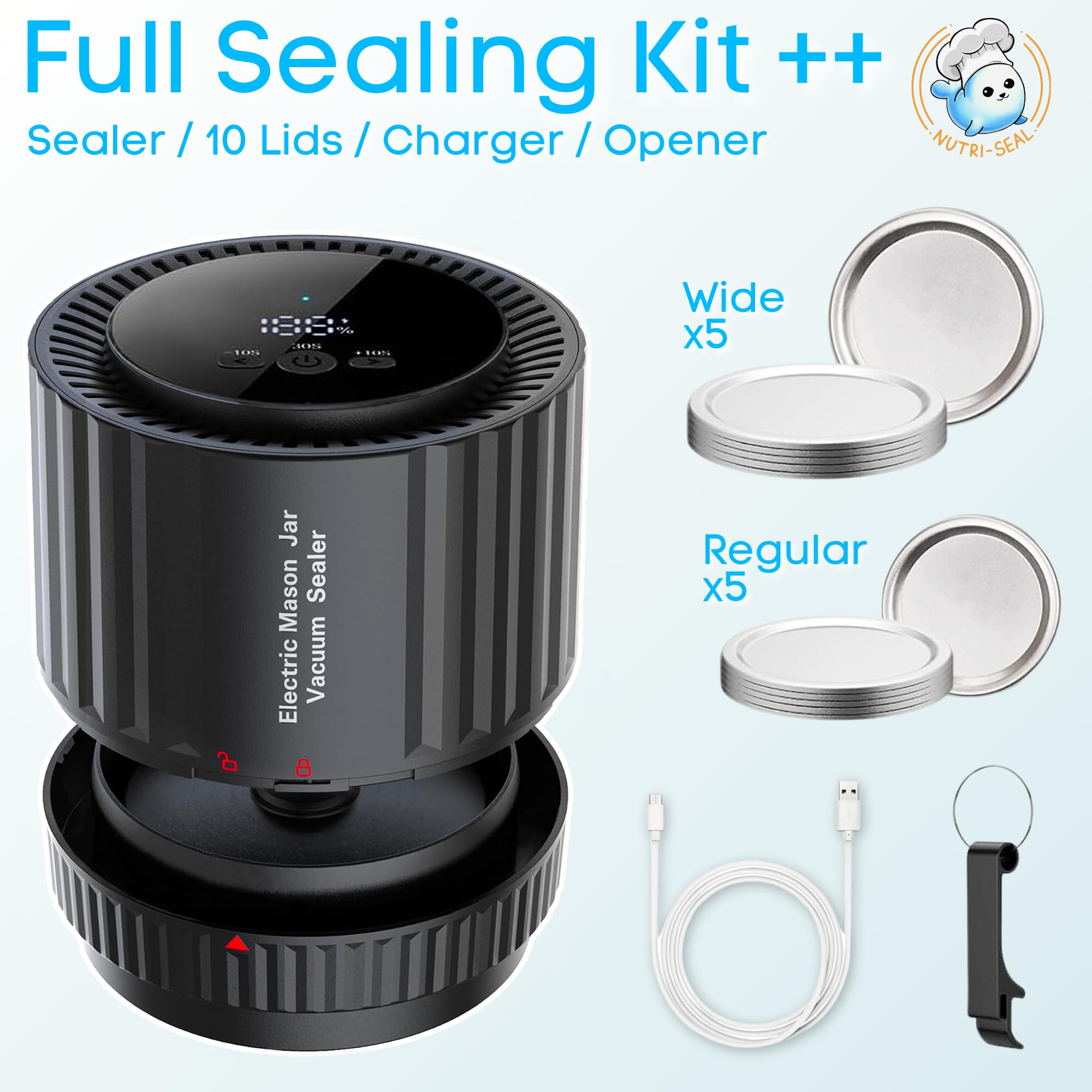Nutri-Seal™ Electric Mason Jar Vacuum Sealer Kit - Fits Wide & Regular Mason Jars - Jar Vacuum Sealer For Mason Jars - Easy to Use - Automatic Electric Mason Jar Sealer - Vacuum Sealer For Jars w/Lids