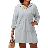Daci Plus Size Women Terry Cloth Swimsuit Cover Up Grey Long Sleeve Beach Bathing Suit Cover Up Hooded Cotton Swim Coverup with Pockets 20W