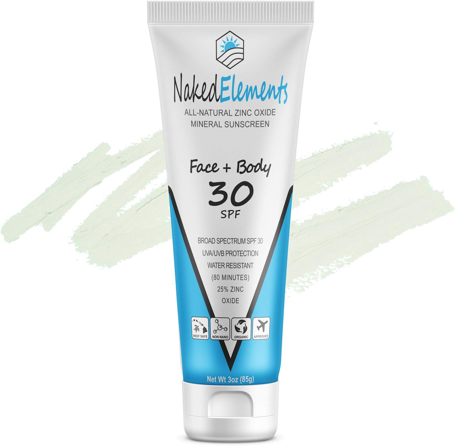 Naked Elements Face Body SPF 30, All-Natural Reef-Safe 25% Non-Nano Zinc Oxide, Broad Spectrum, Organic, Travel size, 3oz (85g), Original (White)