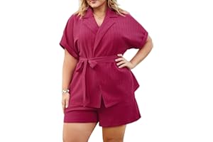 Hanna Nikole Women's Plus Size 2 Piece Casual Outfits with Pockets Summer Short Sleeve Lapel Collar Top and Shorts Sets