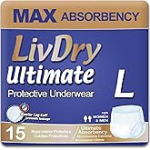 LivDry Large Ultimate Adult Incontinence Underwear, Max Absorbent Adult Diapers with Leak Protection, L, 15-Pack
