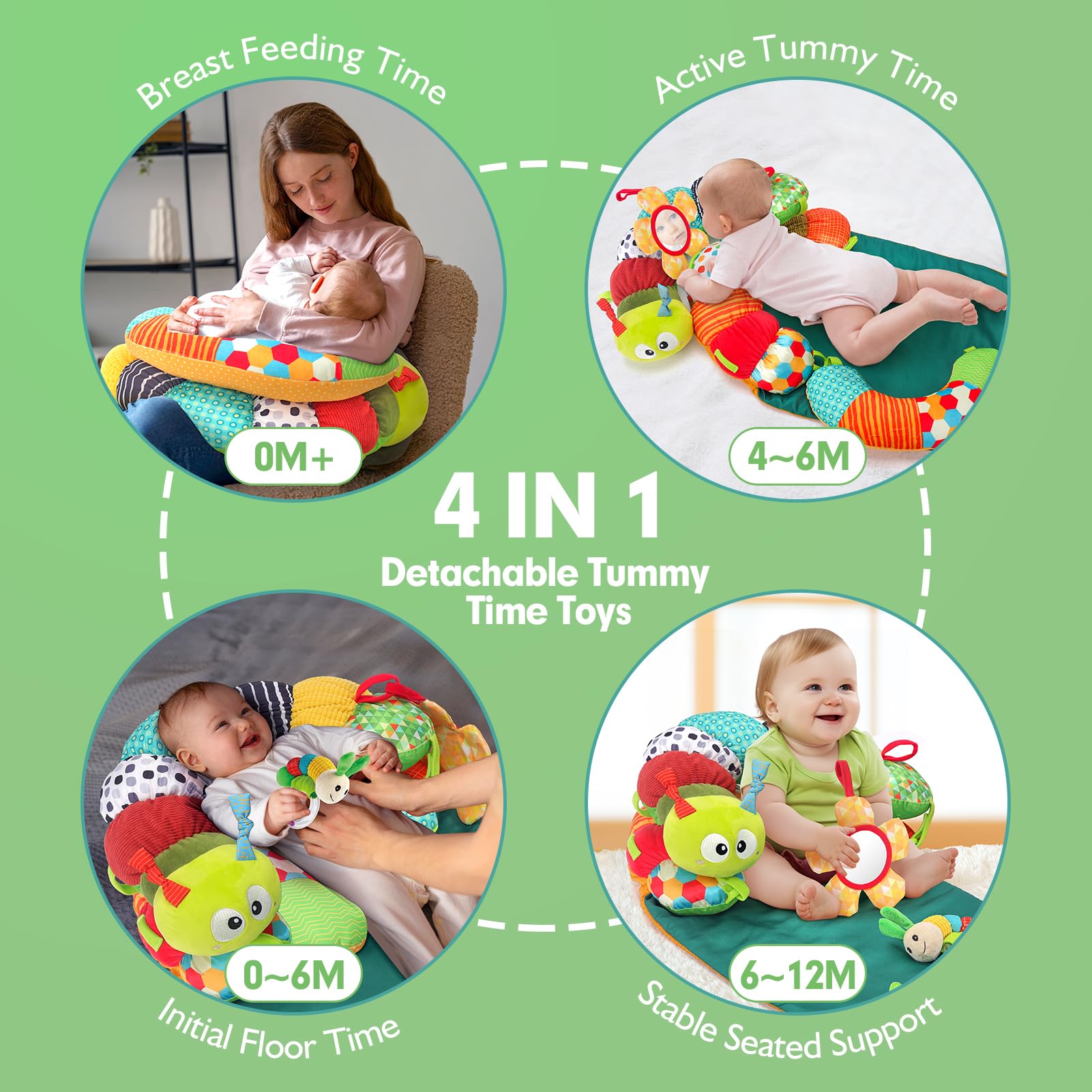 hahaland Upgraded Tummy Time Toys - 4 in 1 Tummy Time Pillow & Baby Sitting Support for Newborn Infant Baby 0-3 Months Early Development Detachable Teether Rattle Sensory Play for 0 3 6 9 12 Months