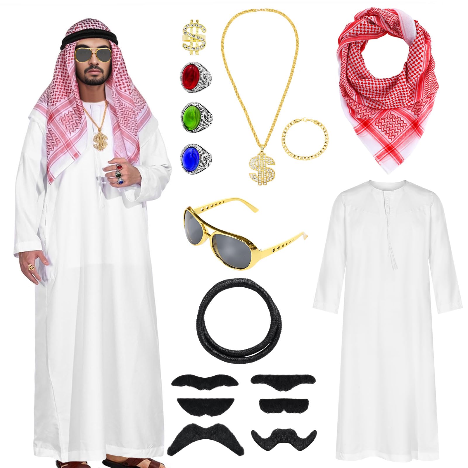 Photo 1 of Arab Costume Shemagh Keffiyeh Head Scarf for Men, Arabian Costumes Sheik Robe Fancy Dubai Dress Accessories Halloween (Arabian, X-Large)