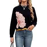 Women's Floral Printed Crewneck Sweater Cropped Long Sleeve Ribbed Knit Pullover Jumper Tops